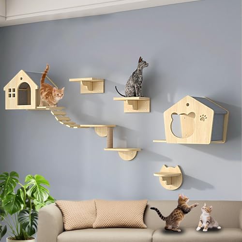 LKPMGOA Katzen Kletterwand Set, Katzenwandparkour, Wandmöbel mit Plattformen, Stufen, Kratzbaum und Sitzstange(7pcs) von LKPMGOA