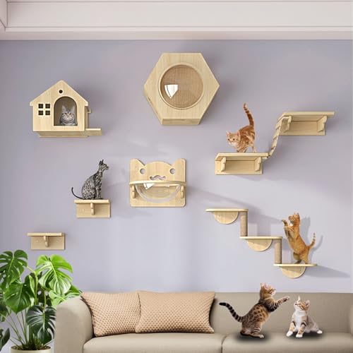 LKPMGOA Katzen Kletterwand Set, Katzenwandparkour, Wandmöbel mit Plattformen, Stufen, Kratzbaum und Sitzstange(9pcs) von LKPMGOA