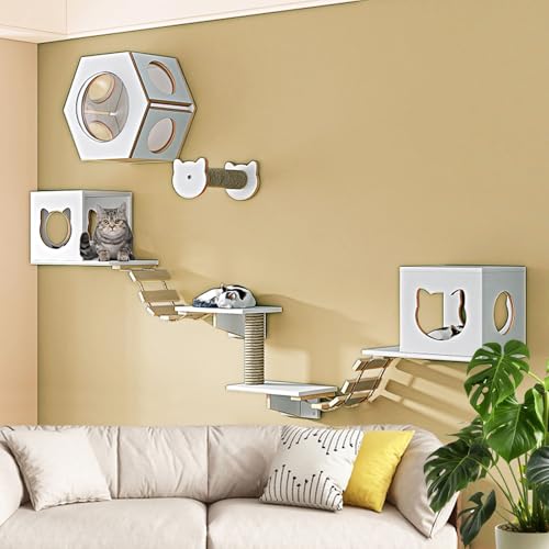 LKPMGOA Katzen-Wandregal-Set, Regale und Sitzstangen für die Wand, Verdickte Platte, verbreiterte Plattform, stabil, platzsparend(9-4pcs) von LKPMGOA