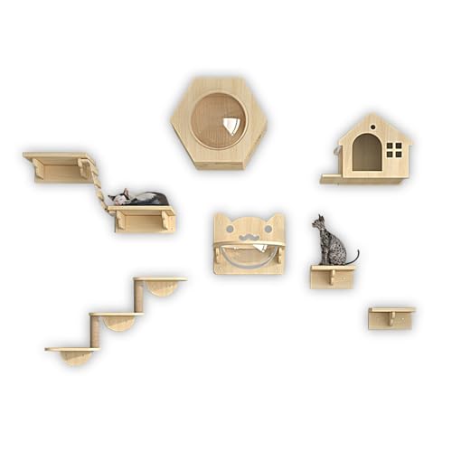 LKPMGOA Katzen-Wandregale und -Sitzstangen für Die Wand, Katzenmöbel-Set aus Massivholz zur Wandmontage, mit Guckloch, Platzsparend, Verstärkte Platte(11pcs) von LKPMGOA