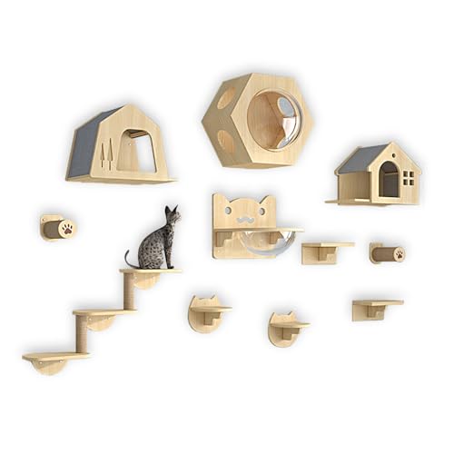 LKPMGOA Katzen-Wandregale und -Sitzstangen für Die Wand, Katzenmöbel-Set aus Massivholz zur Wandmontage, mit Guckloch, Platzsparend, Verstärkte Platte(12pcs) von LKPMGOA