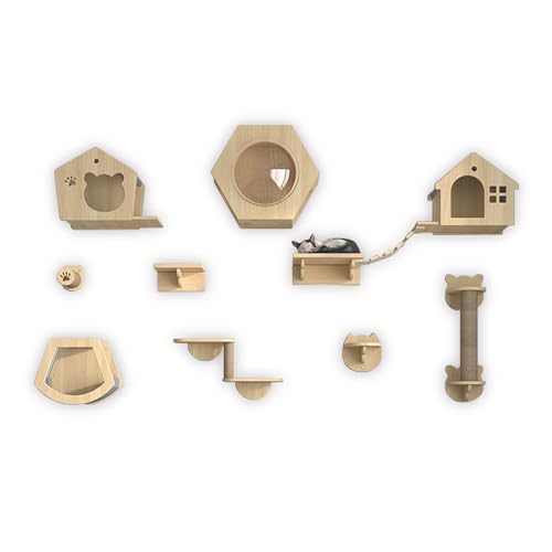 LKPMGOA Katzen-Wandregale und -Sitzstangen für Die Wand, Katzenmöbel-Set aus Massivholz zur Wandmontage, mit Guckloch, Platzsparend, Verstärkte Platte(13pcs) von LKPMGOA