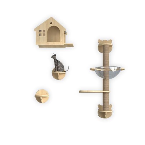 LKPMGOA Katzen-Wandregale und -Sitzstangen für Die Wand, Katzenmöbel-Set aus Massivholz zur Wandmontage, mit Guckloch, Platzsparend, Verstärkte Platte(4pcs) von LKPMGOA