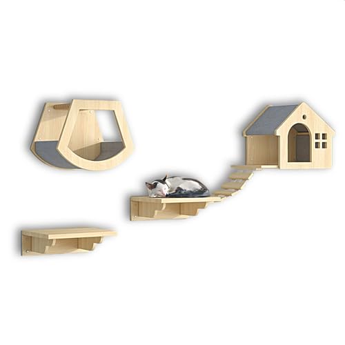 LKPMGOA Katzen-Wandregale und -Sitzstangen für Die Wand, Katzenmöbel-Set aus Massivholz zur Wandmontage, mit Guckloch, Platzsparend, Verstärkte Platte(5pcs) von LKPMGOA