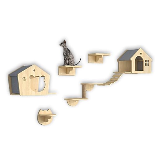LKPMGOA Katzen-Wandregale und -Sitzstangen für Die Wand, Katzenmöbel-Set aus Massivholz zur Wandmontage, mit Guckloch, Platzsparend, Verstärkte Platte(9pcs) von LKPMGOA