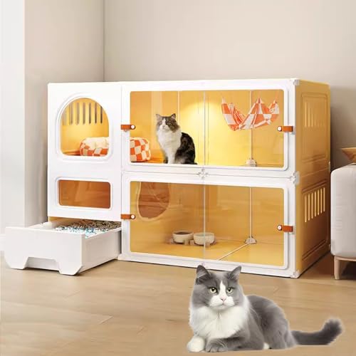 LKPMGOA Katzengehege für Drinnen, Katzenkäfige für Drinnen mit Katzentoilette, Katzenkäfig für Drinnen, Komplettes Zubehör, Erweiterungsraum(Yellow,105x45x70cm) von LKPMGOA