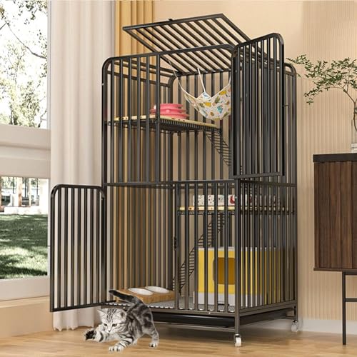 LKPMGOA Katzengehege für Drinnen aus Metall, Katzenkäfige DIY-Katzengehege, Großer Laufstall mit Rädern, Verschlüsseltem Fußpolster(Black,71x55x127cm) von LKPMGOA