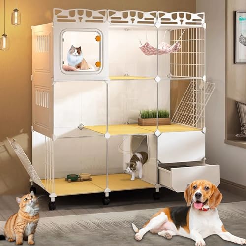 LKPMGOA Katzenkäfig für Den Innenbereich, Kleintierkäfig, mit Rollen + Katzentoilette, Leicht zu Bewegen, Kostenloser Selbstbau(107 * 47 * 112cm) von LKPMGOA