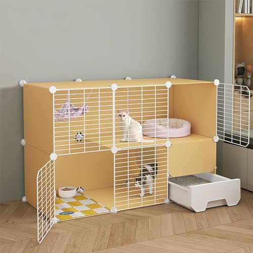 LKPMGOA Katzenkäfig für den Innenbereich, DIY-Katzengehege, Katzenzwinger für Hauskatzen mit Katzentoilette, Einfache Spülreinigung, Verfeinerungsgitter (Color : Yellow, Size : B-109x47x73cm) von LKPMGOA