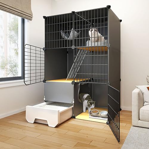 LKPMGOA Katzenkäfig für den Innenbereich mit Katzentoilette, Katzengehege, Katzenkfig, PP-Platte + Metallrahmen, Mehrschichtiges Design, Robust und Langlebig (Color : Package 1, Size : 75x49x109cm) von LKPMGOA