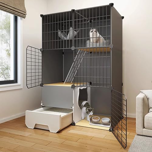 LKPMGOA Katzenkäfig für den Innenbereich mit Katzentoilette, Katzengehege, Katzenkfig, PP-Platte + Metallrahmen, Mehrschichtiges Design, Robust und Langlebig (Color : Package 3, Size : 75x39x109cm) von LKPMGOA