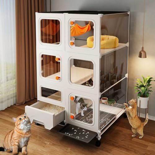 LKPMGOA Katzenkäfig mit Katzentoilette, DIY-Katzen-Laufstall, mit Rädern und Verschlüsseltem Gitterbereich, Leicht zu Bewegen und zu Reinigen(70 * 45 * 115cm) von LKPMGOA