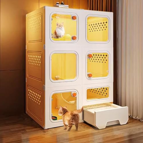 Katzenkäfige für Drinnen mit Katzentoilette, Katzengehege für Drinnen, Käfig für Katzen, Komplettes Zubehör, Erweiterungsraum(Yellow,70x45x105cm) von LKPMGOA