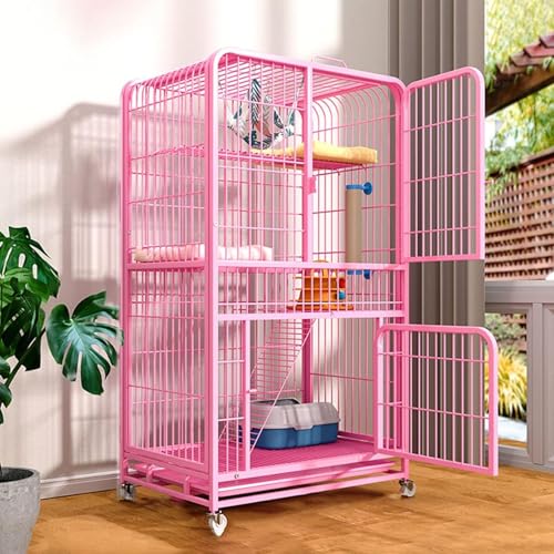 LKPMGOA Katzenkfig Cat Condo mit Rädern, Katzenkäfig Großes Katzenhaus, DIY-Katzenlaufstall aus Metall, Abnehmbares Tablett(Pink,78x55x138cm) von LKPMGOA
