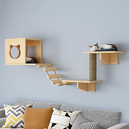 LKPMGOA Katzenwandregale und -sitzstangen, Wandmontierte Katzenmöbel, Inklusive Hütte, Plattform, Stufen, Leitern und Hanfseilsäulen(5pcs) von LKPMGOA