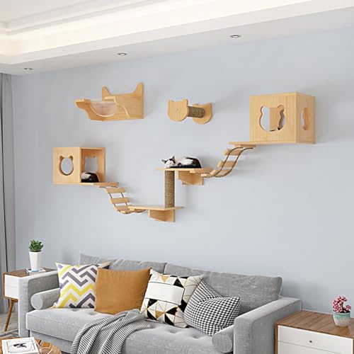 LKPMGOA Katzenwandregale und -sitzstangen, Wandmontierte Katzenmöbel, Inklusive Hütte, Plattform, Stufen, Leitern und Hanfseilsäulen(9-4pcs) von LKPMGOA