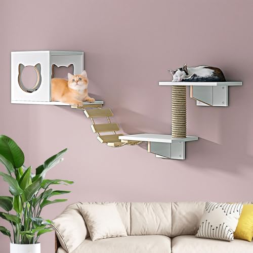 LKPMGOA Kletterwand Katzen, Katzentreppen Set, Katzen Kletterwand Set, mit Katzenhaus, Stufen, Kratzbaum und Weicher Leiter(5pcs) von LKPMGOA
