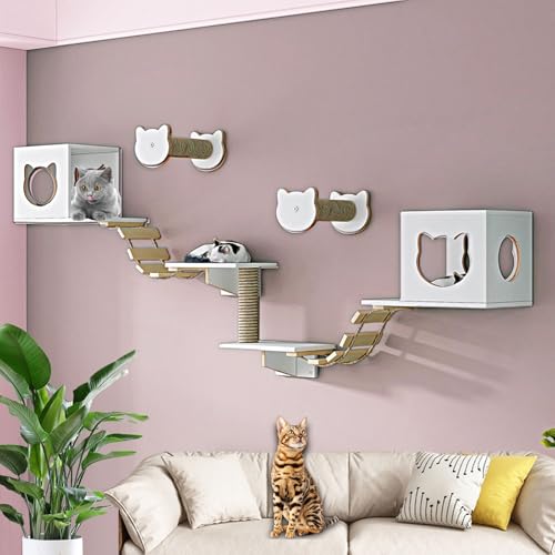 LKPMGOA Kletterwand Katzen, Katzentreppen Set, Katzen Kletterwand Set, mit Katzenhaus, Stufen, Kratzbaum und Weicher Leiter(9-3pcs) von LKPMGOA