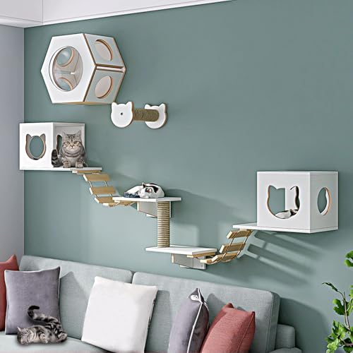 LKPMGOA Kletterwand Katzen Set, Katzenregale und -sitzstangen für die Wand, Platzsparend, Verstärkte Platte, Geeignet Zum Spielen und Schlafen(9-4pcs) von LKPMGOA
