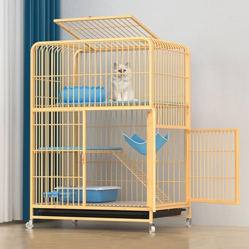 LKPMGOA Metall-Katzenkäfig für Drinnen mit Tablett, Katzenkäfige für Drinnen, Katzengehege, Katzenkfig, Verdickter Rahmen, Dichtes Fußpolster(Yellow,78x54x110cm) von LKPMGOA
