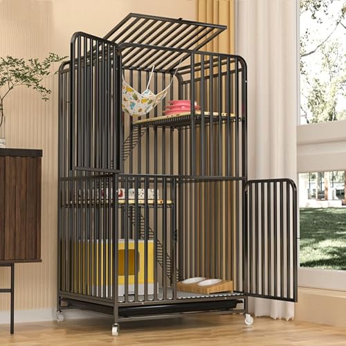Metall-Katzenkäfig mit Türschloss, DIY-Katzengehege Groß, mit Verschlüsseltem Netzpolster, Vierkantrohrverstärkung(Black,71x55x127cm) von LKPMGOA