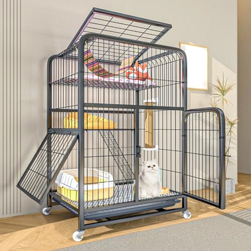LKPMGOA Metall-Katzenkäfige für den Innenbereich mit Rädern, Großer Katzengehege aus Metalldraht, Abnehmbares Tablett, Verschlüsseltes Fußpolster(Black,78x54x108cm) von LKPMGOA