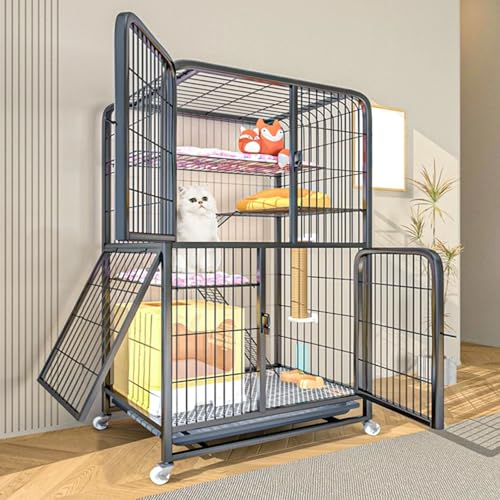 LKPMGOA Metall-Katzenkäfige für den Innenbereich mit Rädern, Großer Katzengehege aus Metalldraht, Abnehmbares Tablett, Verschlüsseltes Fußpolster(Black,78x54x138cm) von LKPMGOA