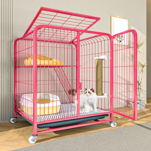 LKPMGOA Metall-Katzenkäfige für den Innenbereich mit Rädern, Großer Katzengehege aus Metalldraht, Abnehmbares Tablett, Verschlüsseltes Fußpolster(Pink,60x45x66cm) von LKPMGOA