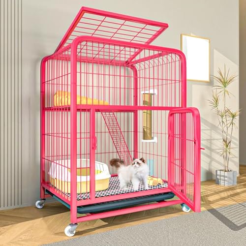 LKPMGOA Metall-Katzenkäfige für den Innenbereich mit Rädern, Großer Katzengehege aus Metalldraht, Abnehmbares Tablett, Verschlüsseltes Fußpolster(Pink,78x54x100cm) von LKPMGOA