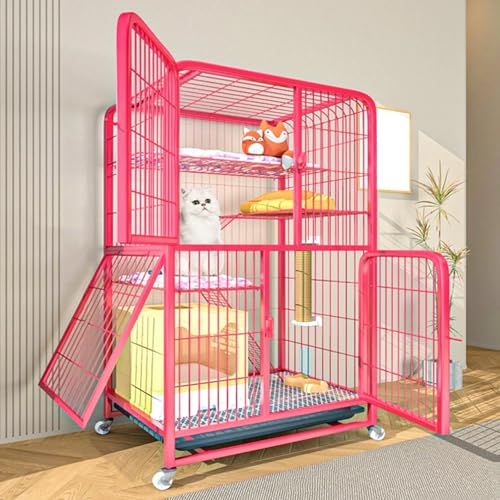 LKPMGOA Metall-Katzenkäfige für den Innenbereich mit Rädern, Großer Katzengehege aus Metalldraht, Abnehmbares Tablett, Verschlüsseltes Fußpolster(Pink,78x54x138cm) von LKPMGOA