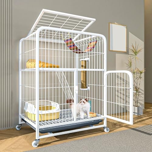 LKPMGOA Metall-Katzenkäfige für den Innenbereich mit Rädern, Großer Katzengehege aus Metalldraht, Abnehmbares Tablett, Verschlüsseltes Fußpolster(White,70x55x75cm) von LKPMGOA