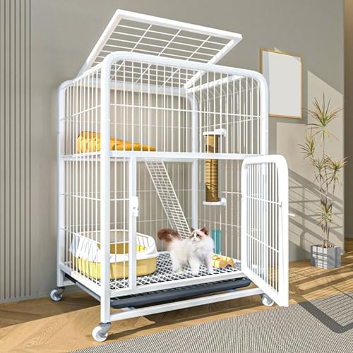 LKPMGOA Metall-Katzenkäfige für den Innenbereich mit Rädern, Großer Katzengehege aus Metalldraht, Abnehmbares Tablett, Verschlüsseltes Fußpolster(White,78x54x100cm) von LKPMGOA