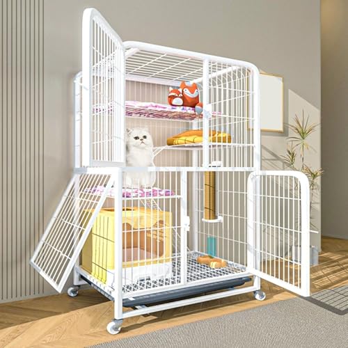 LKPMGOA Metall-Katzenkäfige für den Innenbereich mit Rädern, Großer Katzengehege aus Metalldraht, Abnehmbares Tablett, Verschlüsseltes Fußpolster(White,78x54x138cm) von LKPMGOA