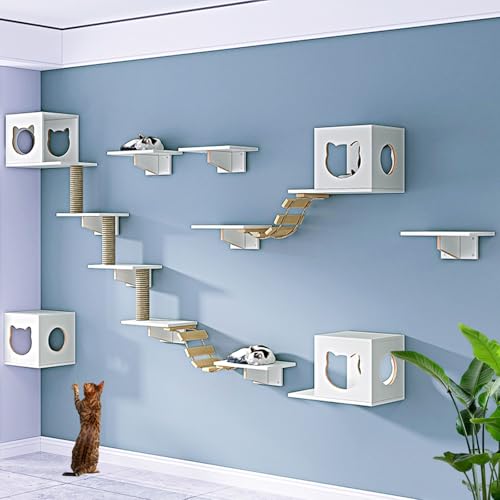 LKPMGOA Modernes Kletterwand Katzen, Katzenkletterwand Set, mit Verbreiterter Plattform, Hanfseil-Hängesäule, Stufen und Weicher Leiter(17pcs) von LKPMGOA