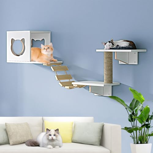 LKPMGOA Modernes Kletterwand Katzen, Katzenkletterwand Set, mit Verbreiterter Plattform, Hanfseil-Hängesäule, Stufen und Weicher Leiter(5pcs) von LKPMGOA