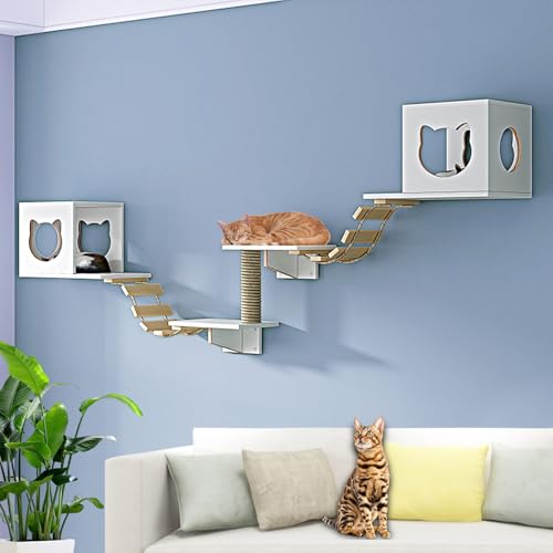 LKPMGOA Modernes Kletterwand Katzen, Katzenkletterwand Set, mit Verbreiterter Plattform, Hanfseil-Hängesäule, Stufen und Weicher Leiter(7pcs) von LKPMGOA