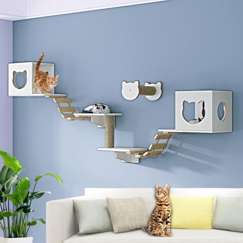 LKPMGOA Modernes Kletterwand Katzen, Katzenkletterwand Set, mit Verbreiterter Plattform, Hanfseil-Hängesäule, Stufen und Weicher Leiter(8pcs) von LKPMGOA