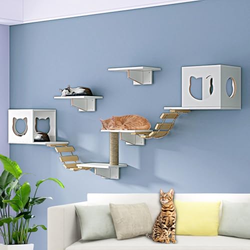LKPMGOA Modernes Kletterwand Katzen, Katzenkletterwand Set, mit Verbreiterter Plattform, Hanfseil-Hängesäule, Stufen und Weicher Leiter(9-2pcs) von LKPMGOA