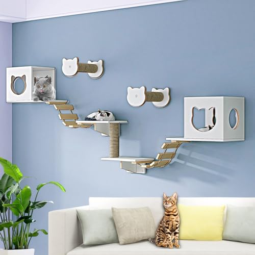 LKPMGOA Modernes Kletterwand Katzen, Katzenkletterwand Set, mit Verbreiterter Plattform, Hanfseil-Hängesäule, Stufen und Weicher Leiter(9-3pcs) von LKPMGOA
