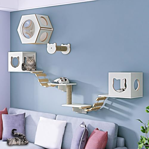 LKPMGOA Modernes Kletterwand Katzen, Katzenkletterwand Set, mit Verbreiterter Plattform, Hanfseil-Hängesäule, Stufen und Weicher Leiter(9-4pcs) von LKPMGOA