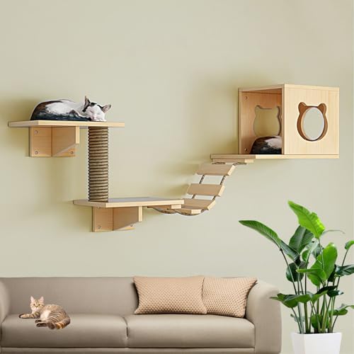 LKPMGOA Wandmontiertes Katzenkletter-Set, Indoor-Wandmöbel-Set mit Haus, Plattform, Leitern, Hanfseilsäule und Verstärktem Brett(5pcs) von LKPMGOA
