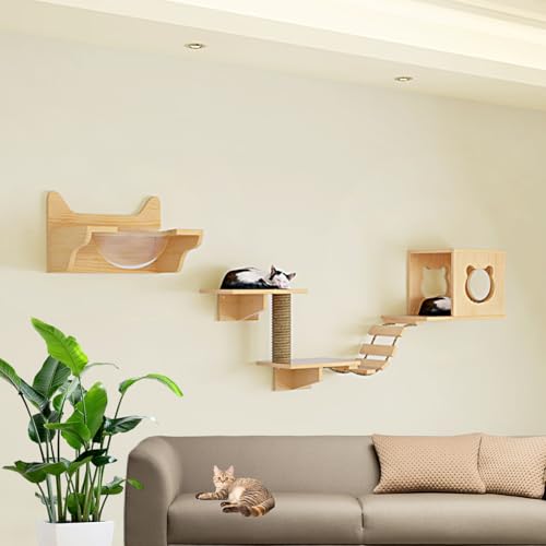LKPMGOA Wandmontiertes Katzenkletter-Set, Indoor-Wandmöbel-Set mit Haus, Plattform, Leitern, Hanfseilsäule und Verstärktem Brett(6pcs) von LKPMGOA