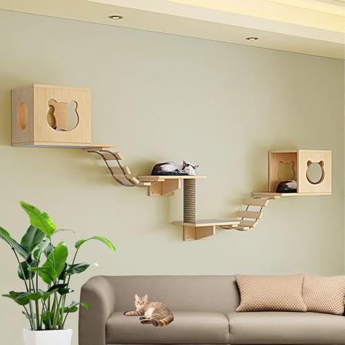LKPMGOA Wandmontiertes Katzenkletter-Set, Indoor-Wandmöbel-Set mit Haus, Plattform, Leitern, Hanfseilsäule und Verstärktem Brett(7pcs) von LKPMGOA