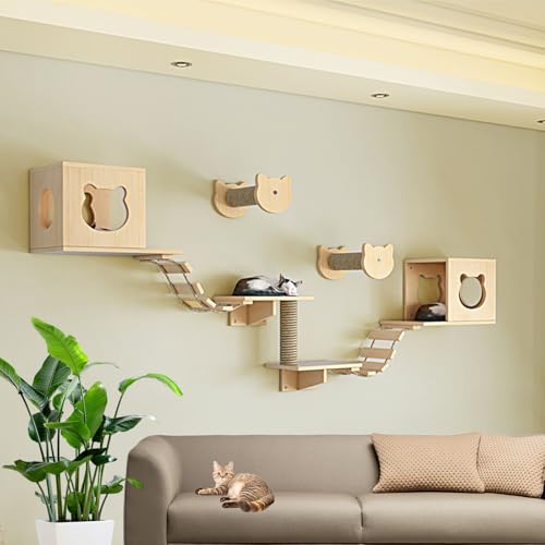 LKPMGOA Wandmontiertes Katzenkletter-Set, Indoor-Wandmöbel-Set mit Haus, Plattform, Leitern, Hanfseilsäule und Verstärktem Brett(9-1pcs) von LKPMGOA