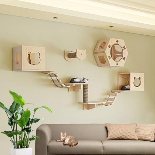 LKPMGOA Wandmontiertes Katzenkletter-Set, Indoor-Wandmöbel-Set mit Haus, Plattform, Leitern, Hanfseilsäule und Verstärktem Brett(9-2pcs) von LKPMGOA