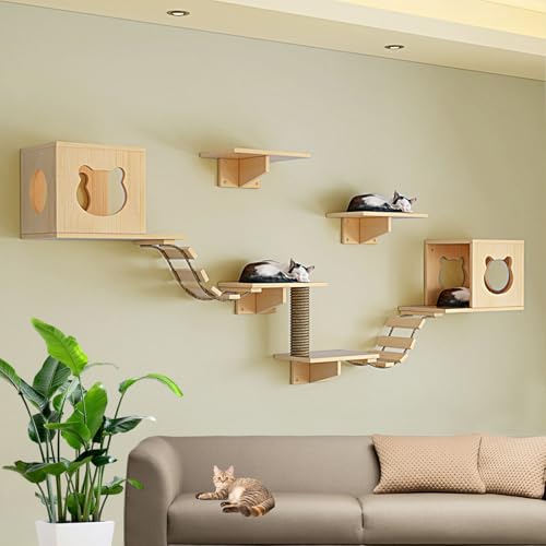 LKPMGOA Wandmontiertes Katzenkletter-Set, Indoor-Wandmöbel-Set mit Haus, Plattform, Leitern, Hanfseilsäule und Verstärktem Brett(9-3pcs) von LKPMGOA