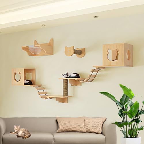 LKPMGOA Wandmontiertes Katzenkletter-Set, Indoor-Wandmöbel-Set mit Haus, Plattform, Leitern, Hanfseilsäule und Verstärktem Brett(9-4pcs) von LKPMGOA
