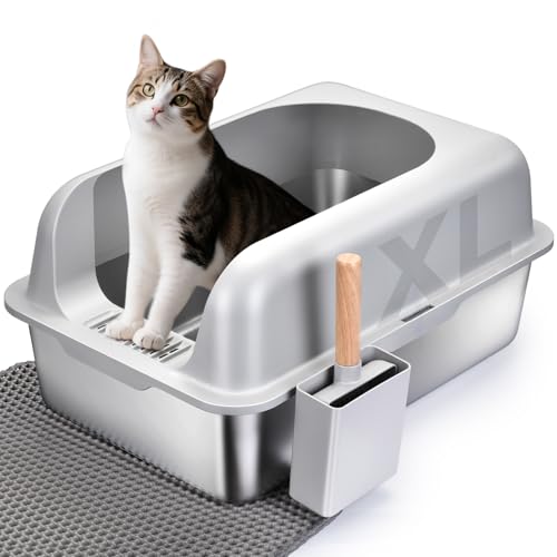 Katzentoilette aus Edelstahl mit Deckel & Schaufel - Leicht zu reinigen und geruchsdicht, auslaufsichere Katzentoilette für große mittelgroße Katzen, inklusive rutschfester Matte (60x40x15cm, Grau) von LKTINGOV