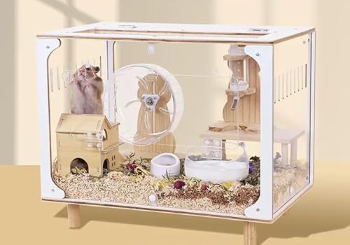 LLGJ Hamsterkäfig aus Holz, Mäuse und Ratten, offene Oberseite mit Acrylplatten, solide gebaut, geeignet für Goldhamster, Totoro, Eidechse, Blaubrustwachtel (9, 49,6 cm L Käfig + Basic 8 Spielzeugset) von LLGJ