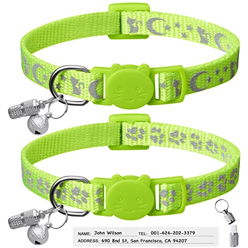 LLHK Reflektierende Katzenhalsbänder und 2 Namensschilder, Sicherheits-Halsband mit Glöckchen, verstellbar 17.8,30.5 cm, für Mädchen und Männer, Zubehör, Gegenstände (hellgrün) von LLHK
